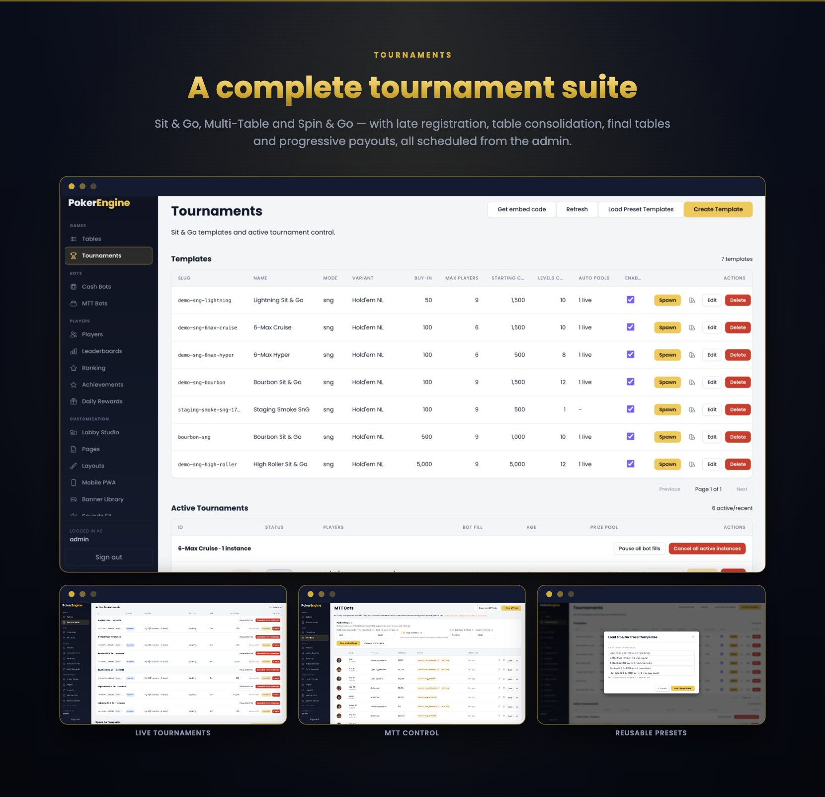 Full tournament suite - Sit and Go, Multi-Table Tournaments, late registration, final tables