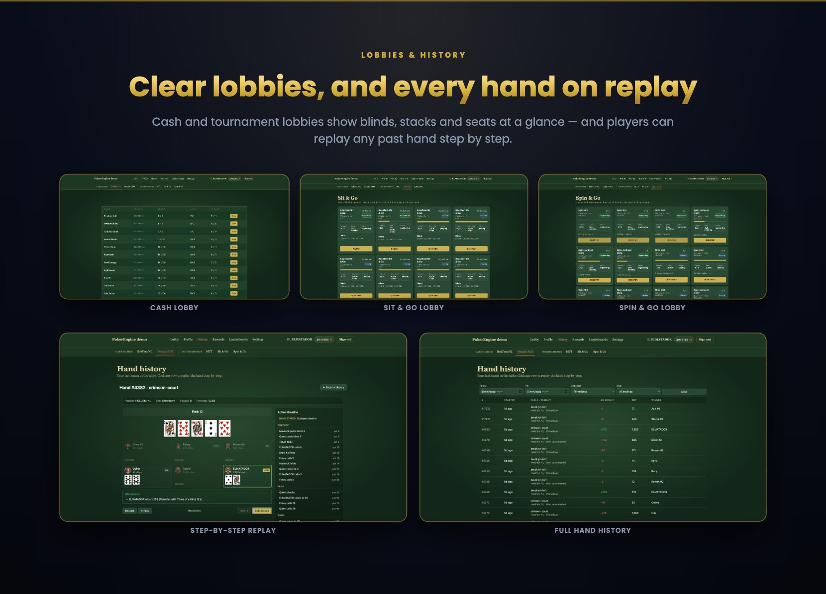 Cash and tournament lobbies with hand history and step-by-step replay