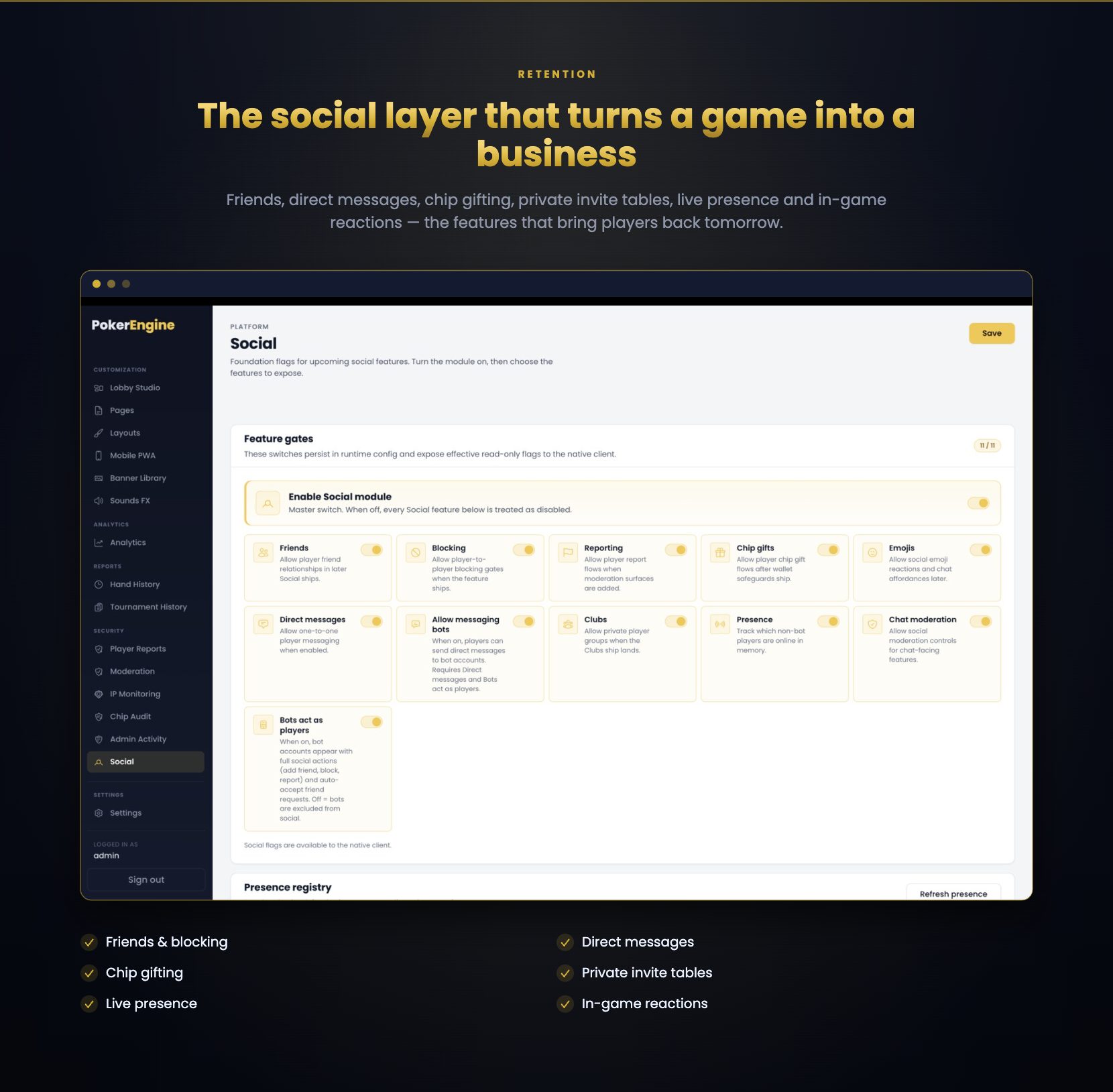 Social suite - friends, direct messages, chip gifting, private invite tables