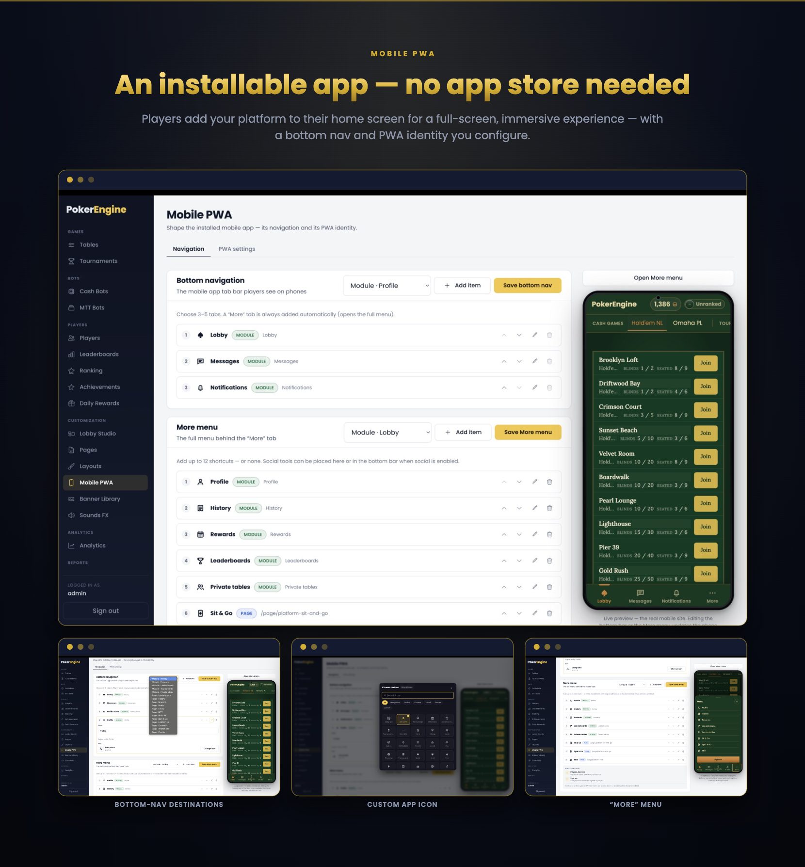Installable Mobile PWA with configurable bottom navigation