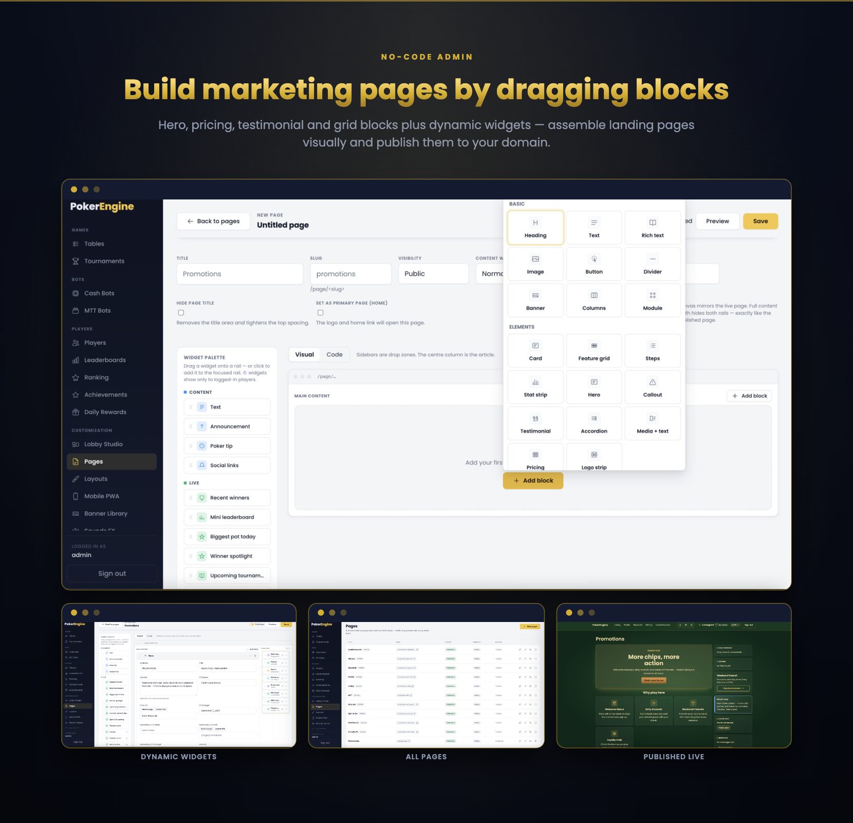 Drag-and-drop page builder with hero, pricing and feature-grid blocks