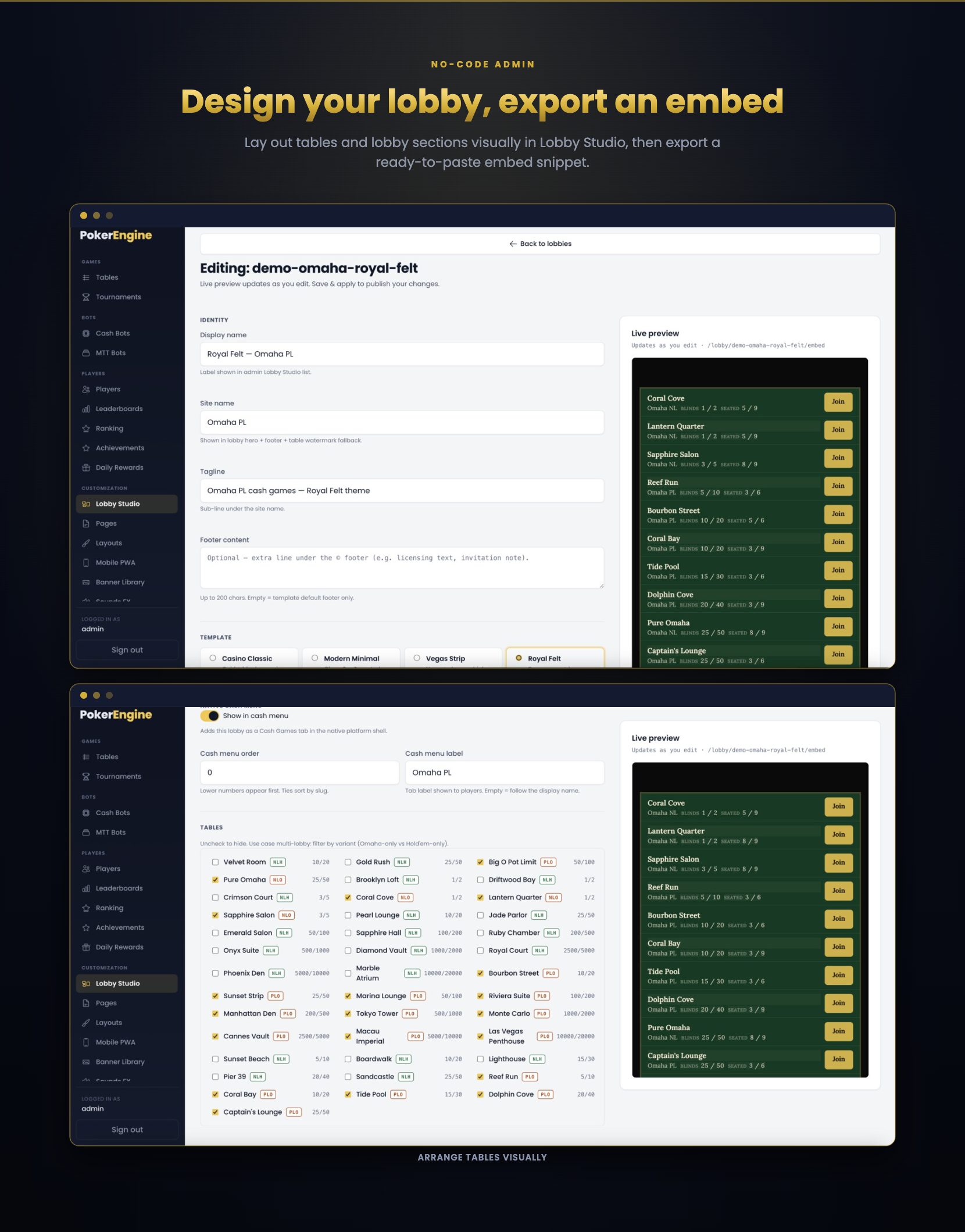 Lobby Studio - design lobbies visually and export an embed snippet