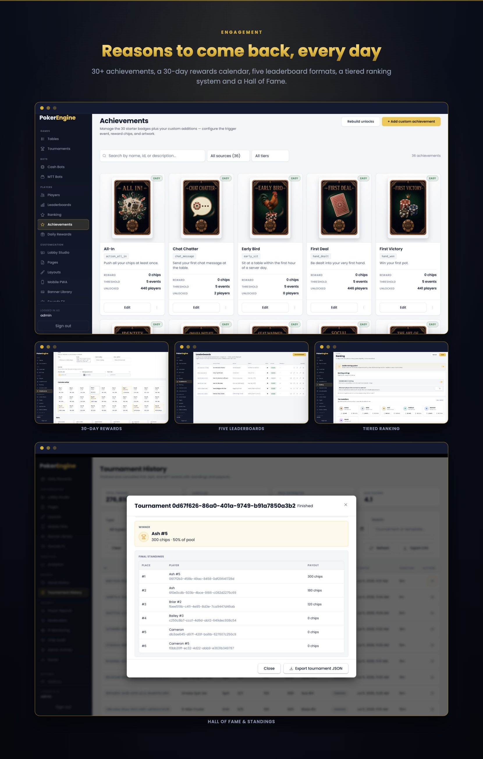 Engagement - achievements, daily rewards, leaderboards and Hall of Fame