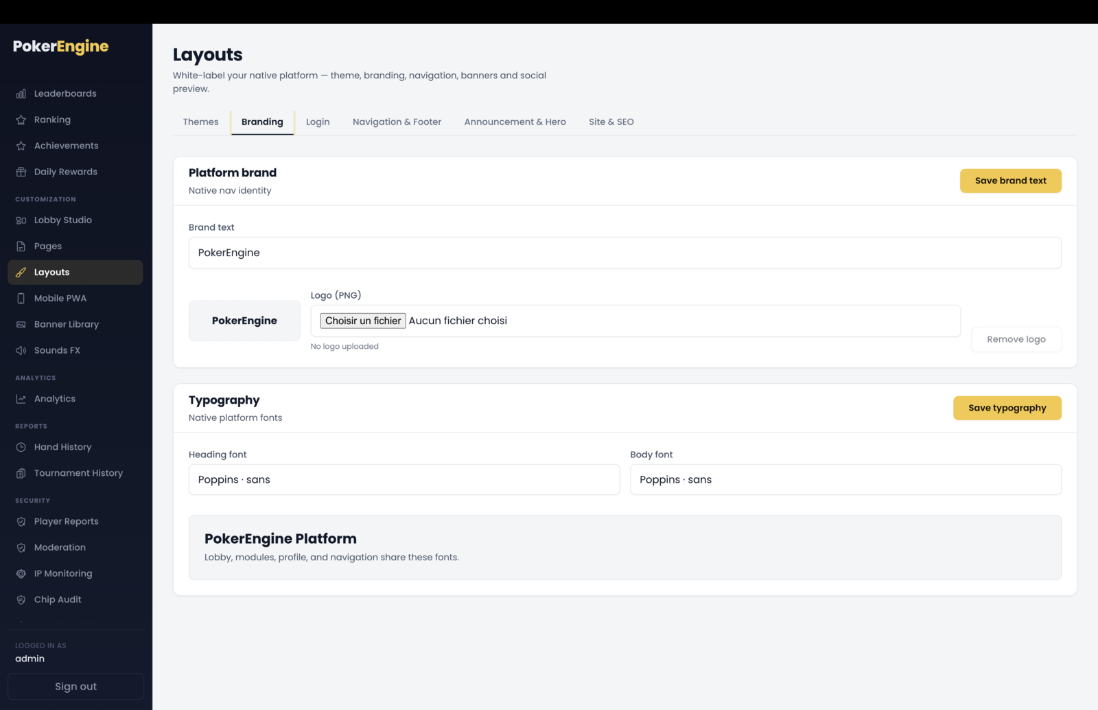 The Branding tab — brand text and logo upload with a preview, plus heading and body font pickers with a typography preview