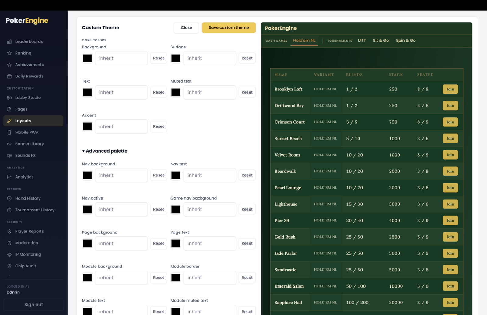 The Custom Theme editor — core color pickers and an advanced element palette on the left with a large live platform preview on the right