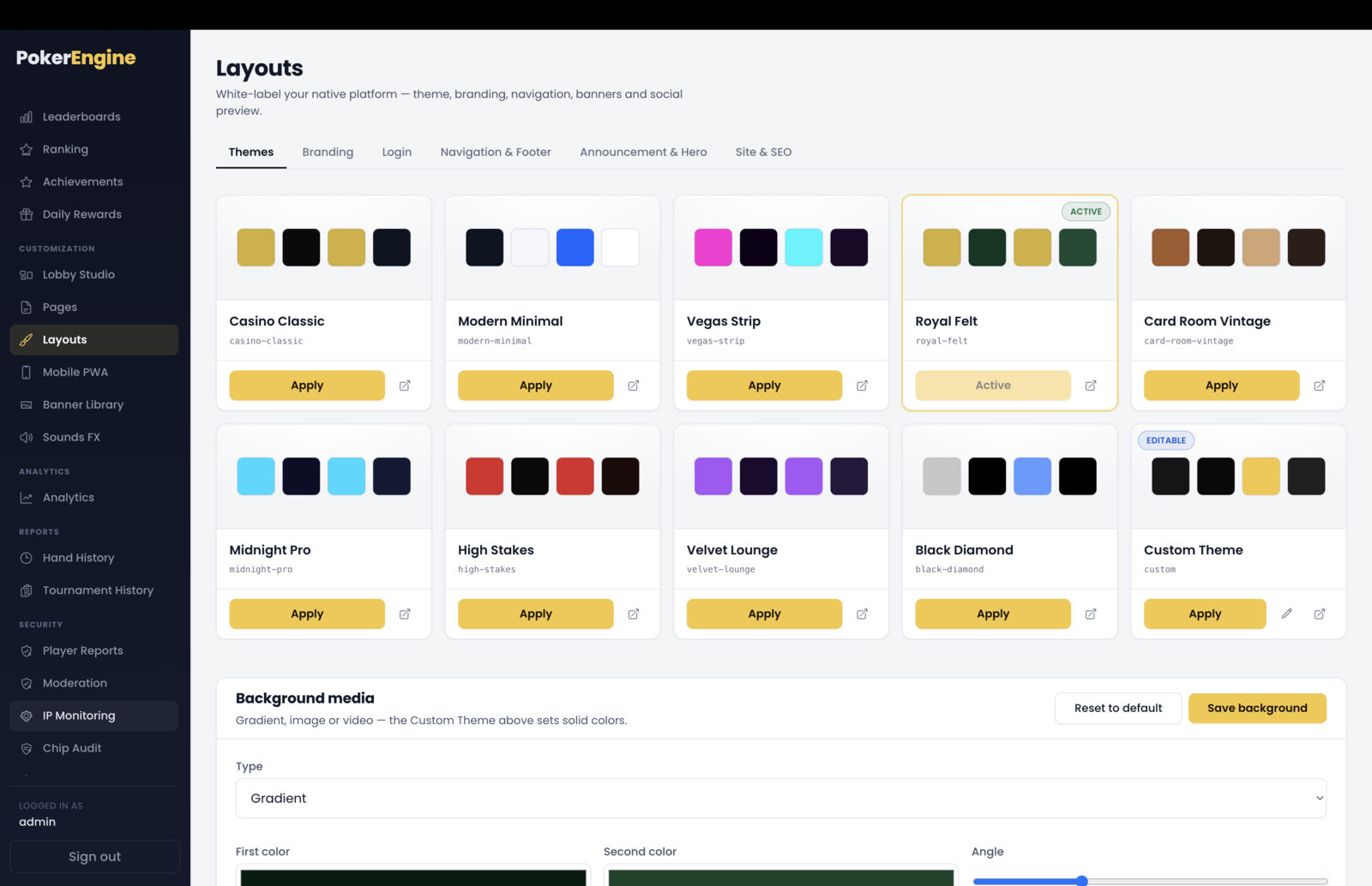The Themes tab — a gallery of nine built-in theme tiles, each with a color-swatch poster and Apply / Preview actions, plus an editable Custom Theme tile