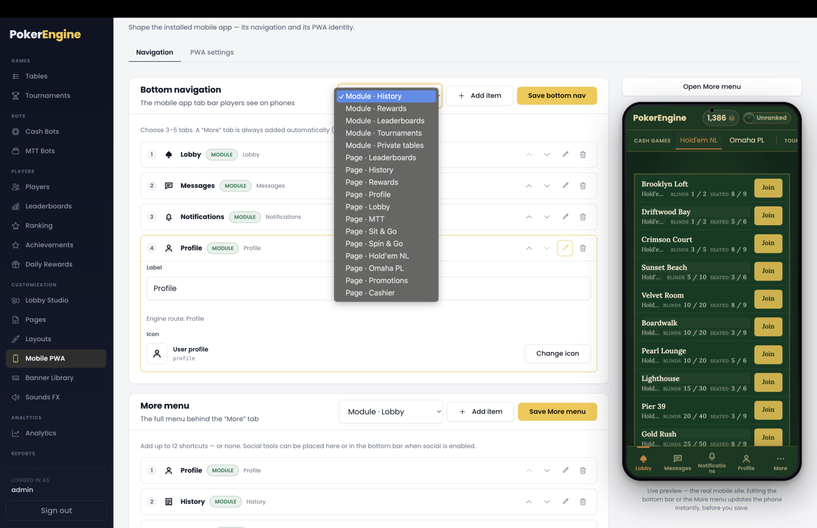 The Destination picker — a dropdown listing platform areas (Lobby, Profile, History, Rewards, Leaderboards, Tournaments, social tools) and published Pages