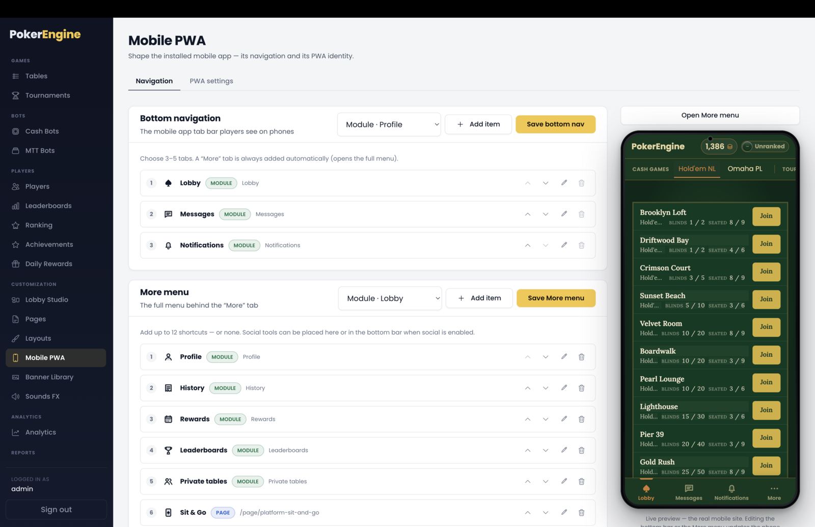 The Navigation tab — the bottom-bar and More-menu builders on the left with a live phone preview on the right showing the tab bar