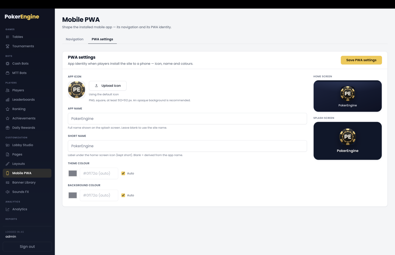 The PWA settings tab — app icon upload, app name and short name fields, theme and background colour pickers with an Auto option, beside home-screen and splash-screen mockups