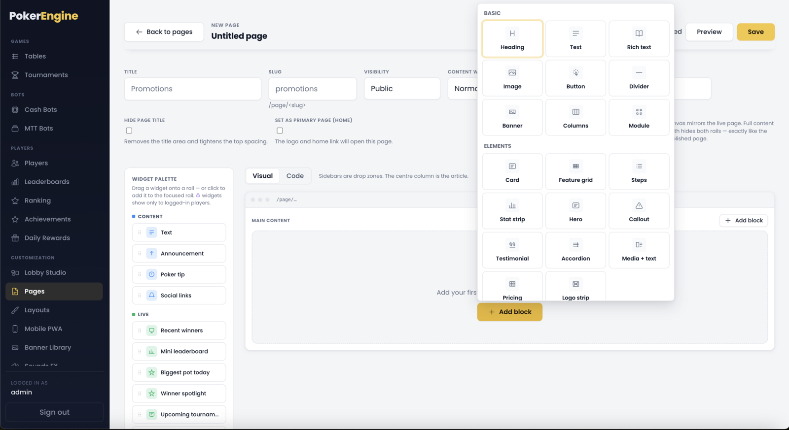The Add block picker — content blocks grouped into Basics and Landing-page elements, plus Module and Banner