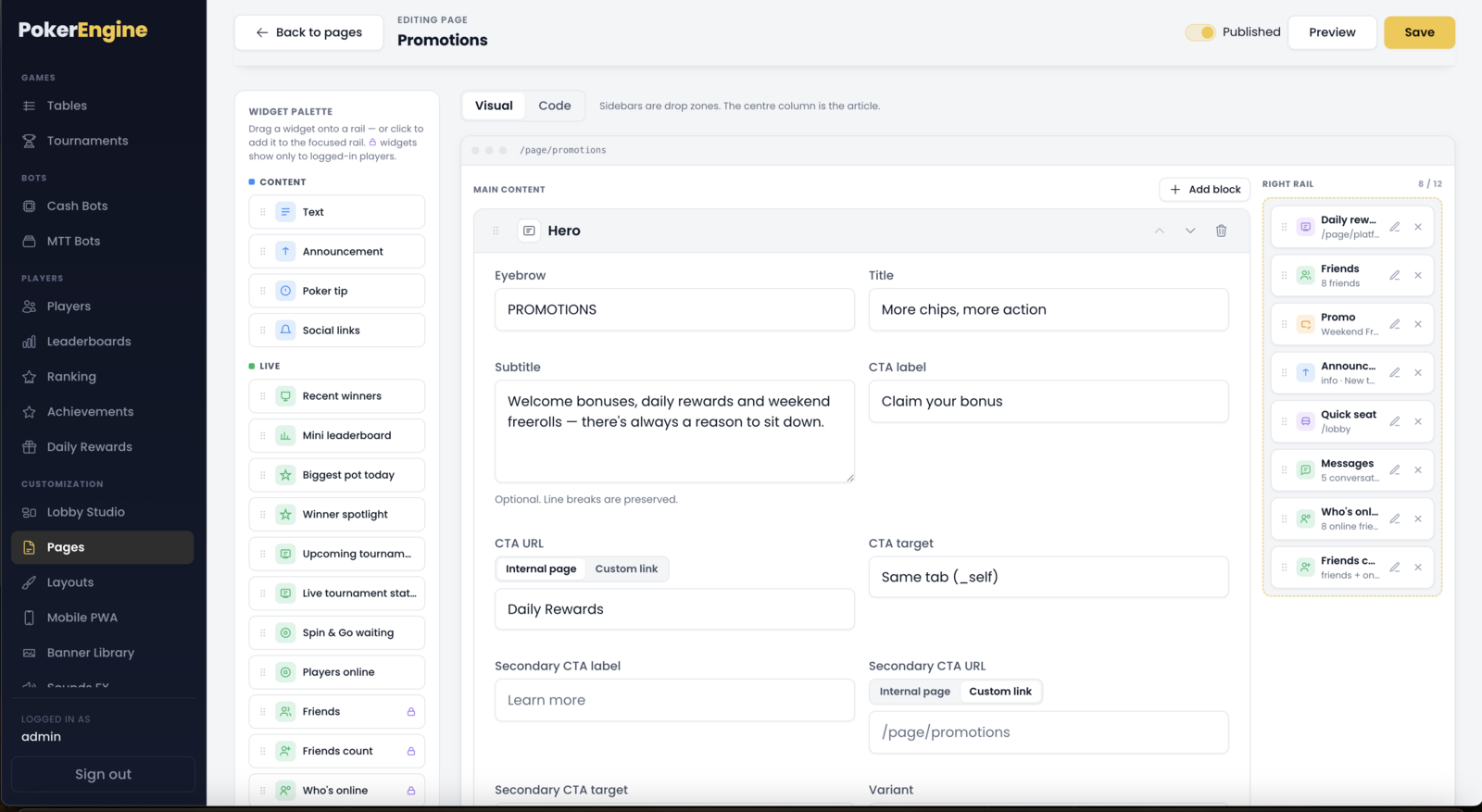 A page sidebar being filled from the Widget palette — widgets grouped into Content, Live, Player and Promo, with a block editor open