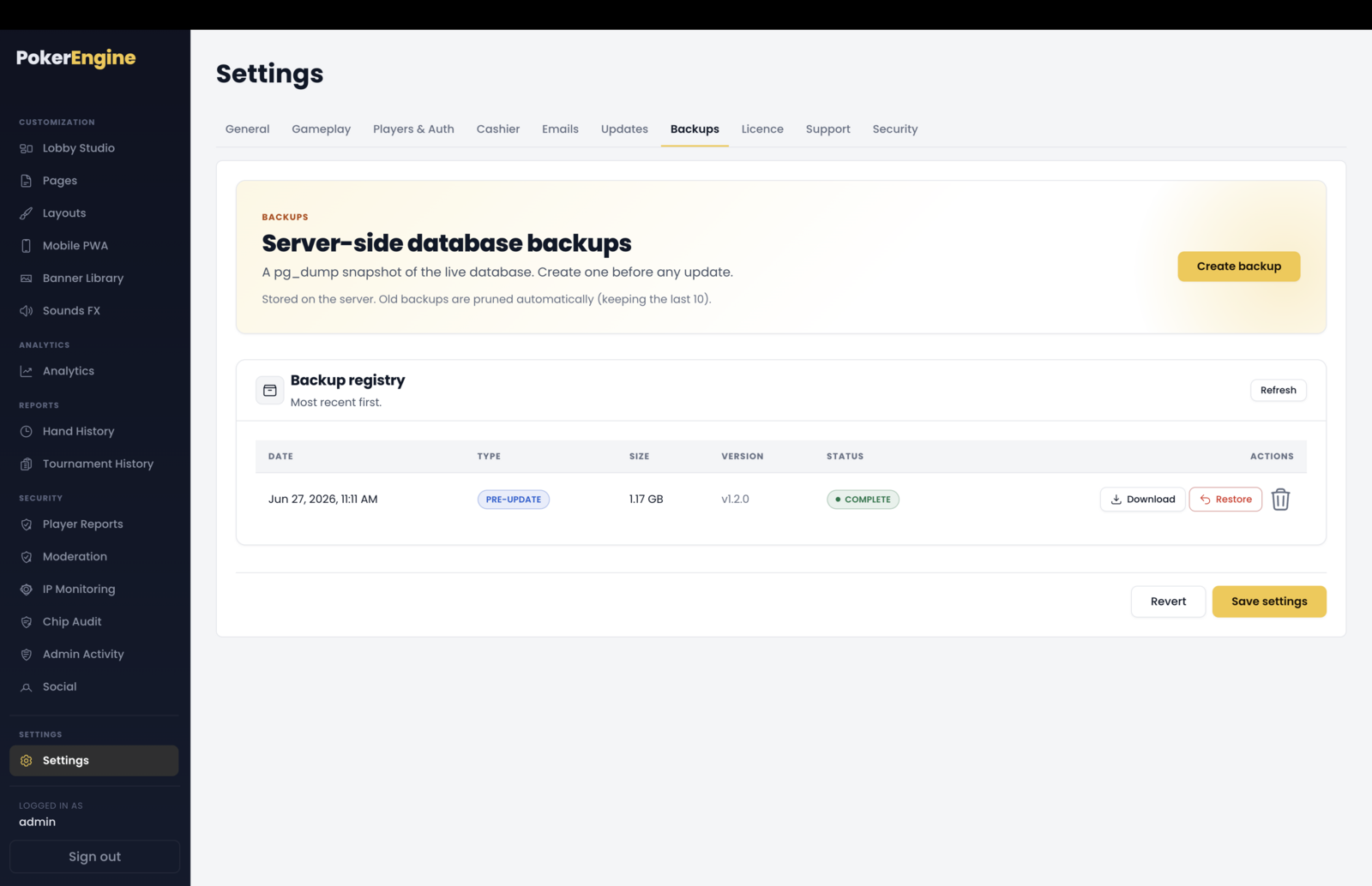 The Settings Backups tab — a Create backup button above a registry table listing each backup's Date, Type (Manual / Pre-update / Pre-restore badge), Size, Version, Status (Creating / Complete / Failed) and Download / Restore / Delete actions
