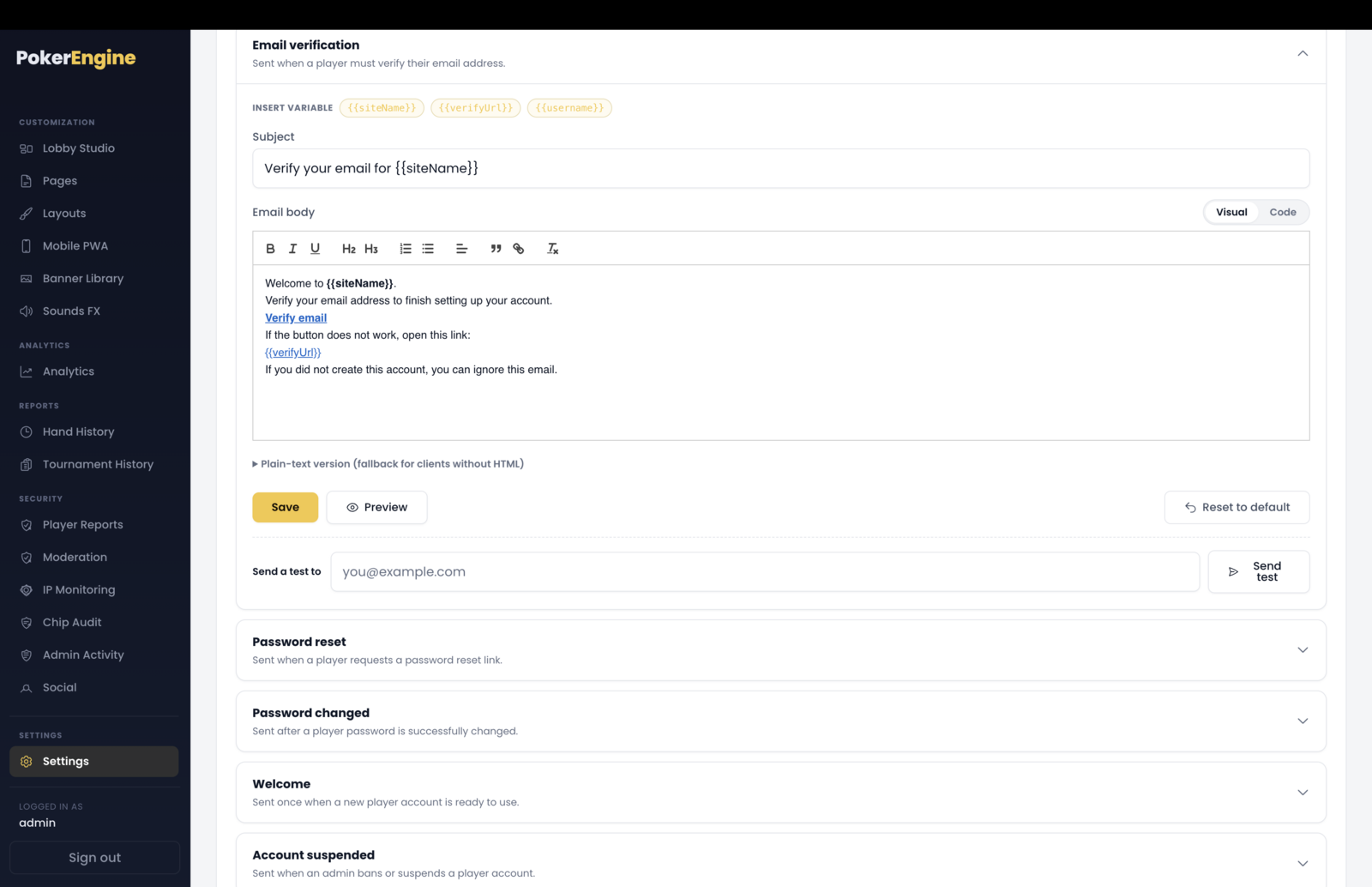The Settings Emails tab — an accent-color branding control above a list of six expandable email template cards (Email verification, Password reset, Password changed, Welcome, Account suspended, Account reinstated), each with subject, body editor, variable chips and Preview / Send test / Reset buttons