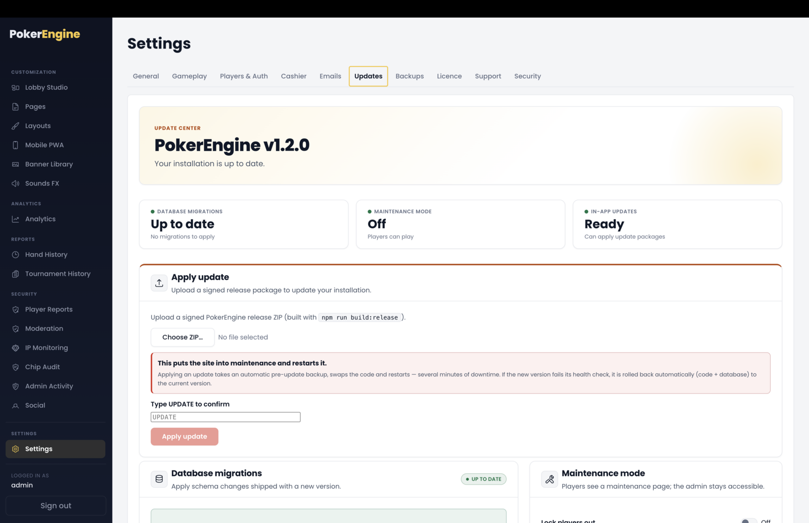 The Settings Updates tab — a hero showing the current PokerEngine version, KPI tiles for database migrations, maintenance mode and in-app updates readiness, and cards for Apply update (file picker with an UPDATE confirmation), Database migrations, Maintenance mode and Backup