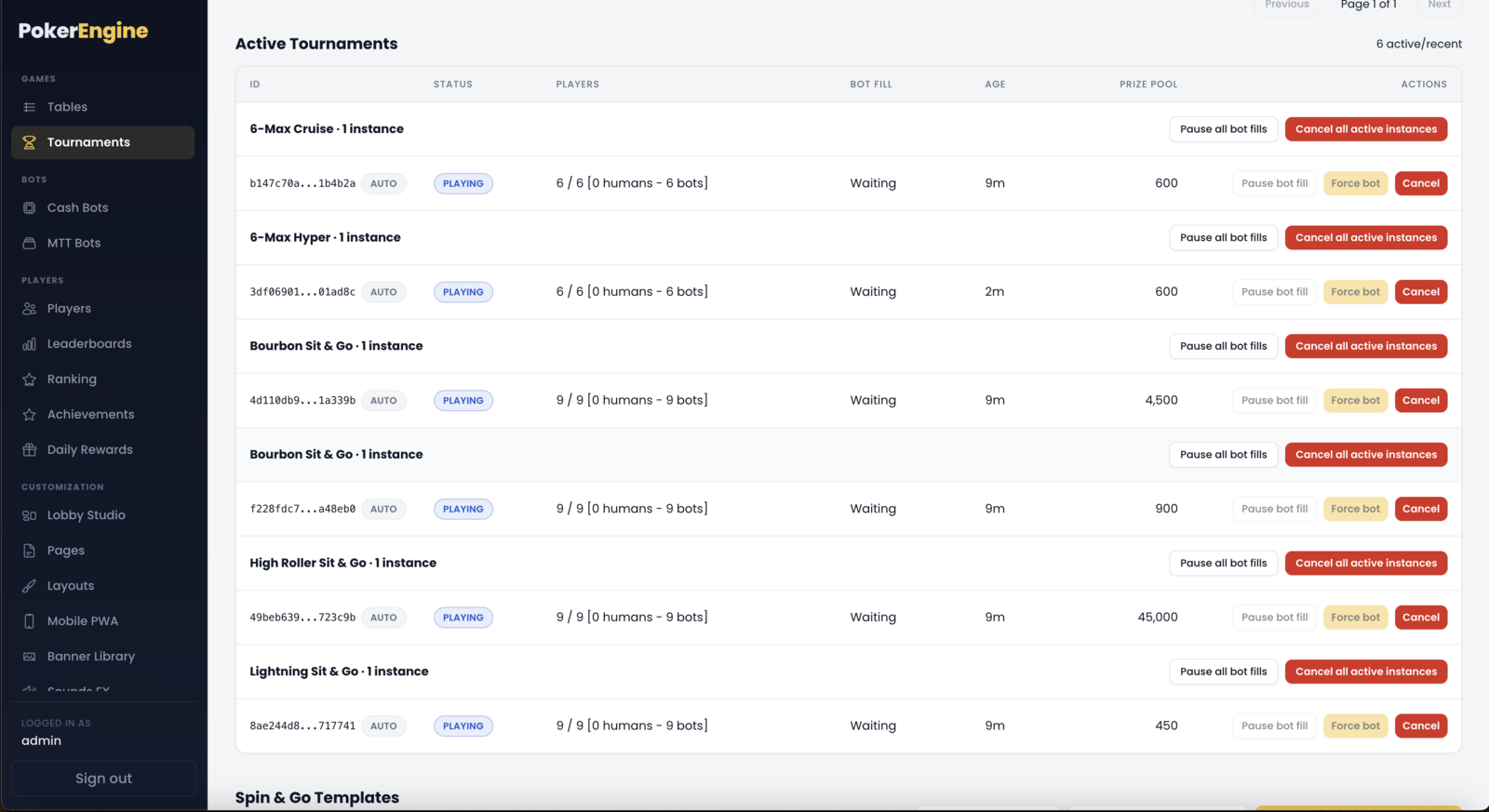 The Active Instances list with per-instance Force bot, Pause bot fill and Cancel controls