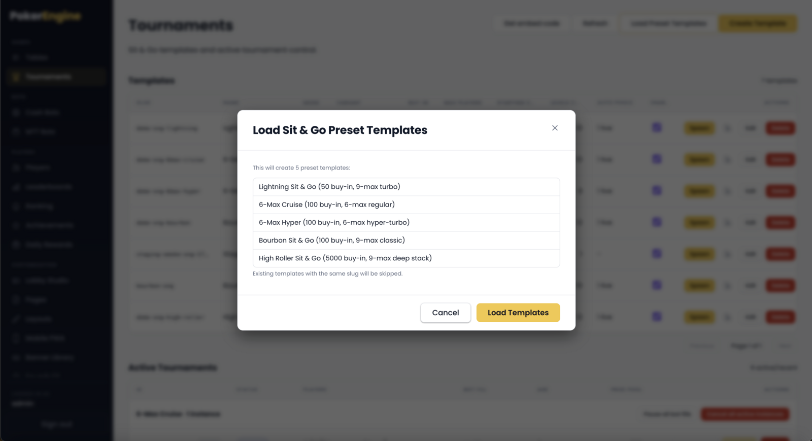 The Load Preset Templates dialog listing the ready-made Sit and Go, Spin and Go and MTT blueprints