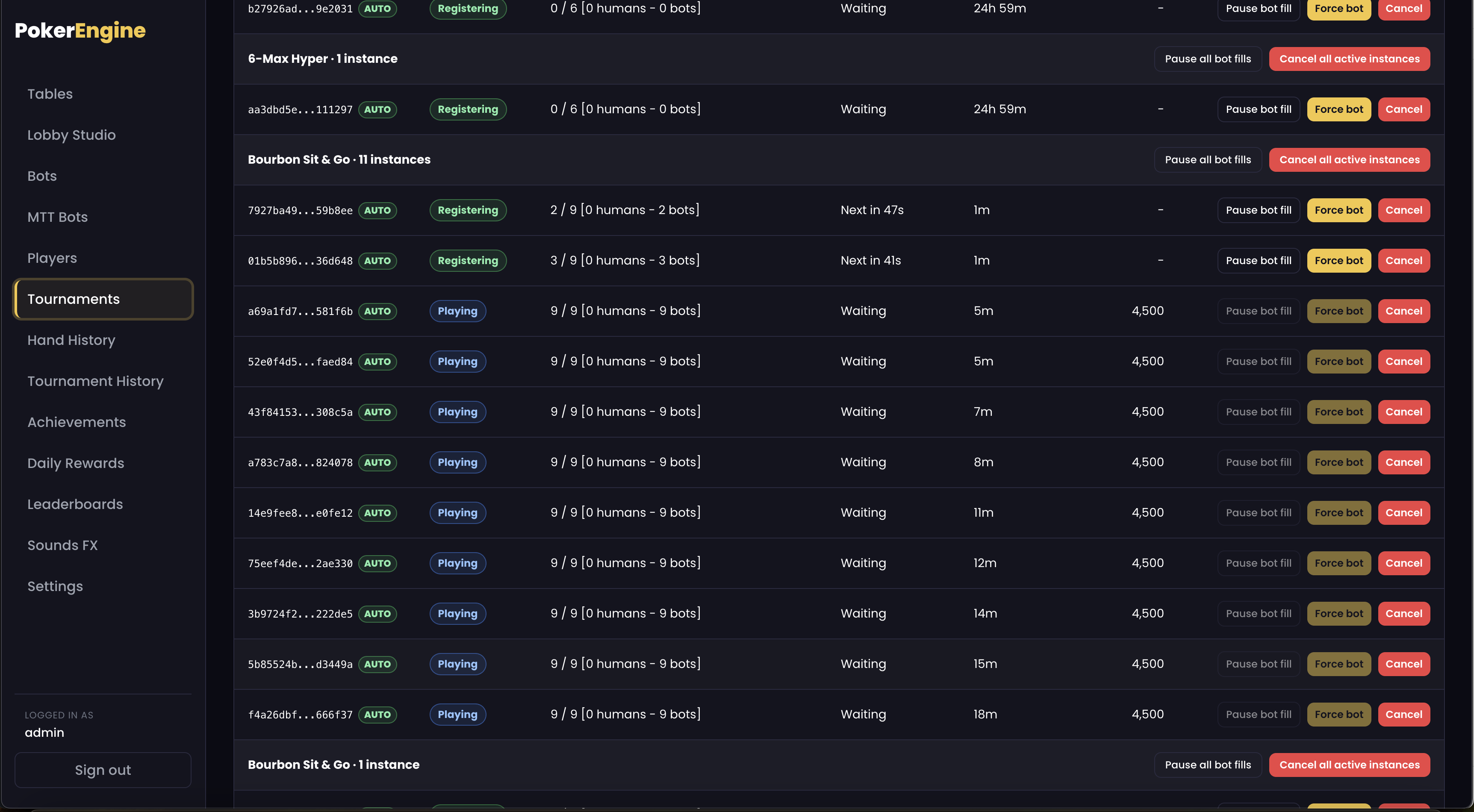 Live tournament control panel