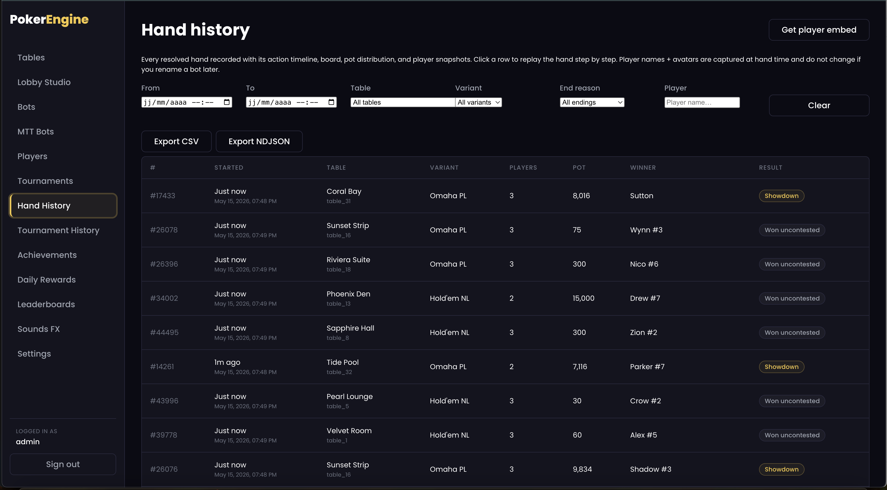 Admin hand history viewer