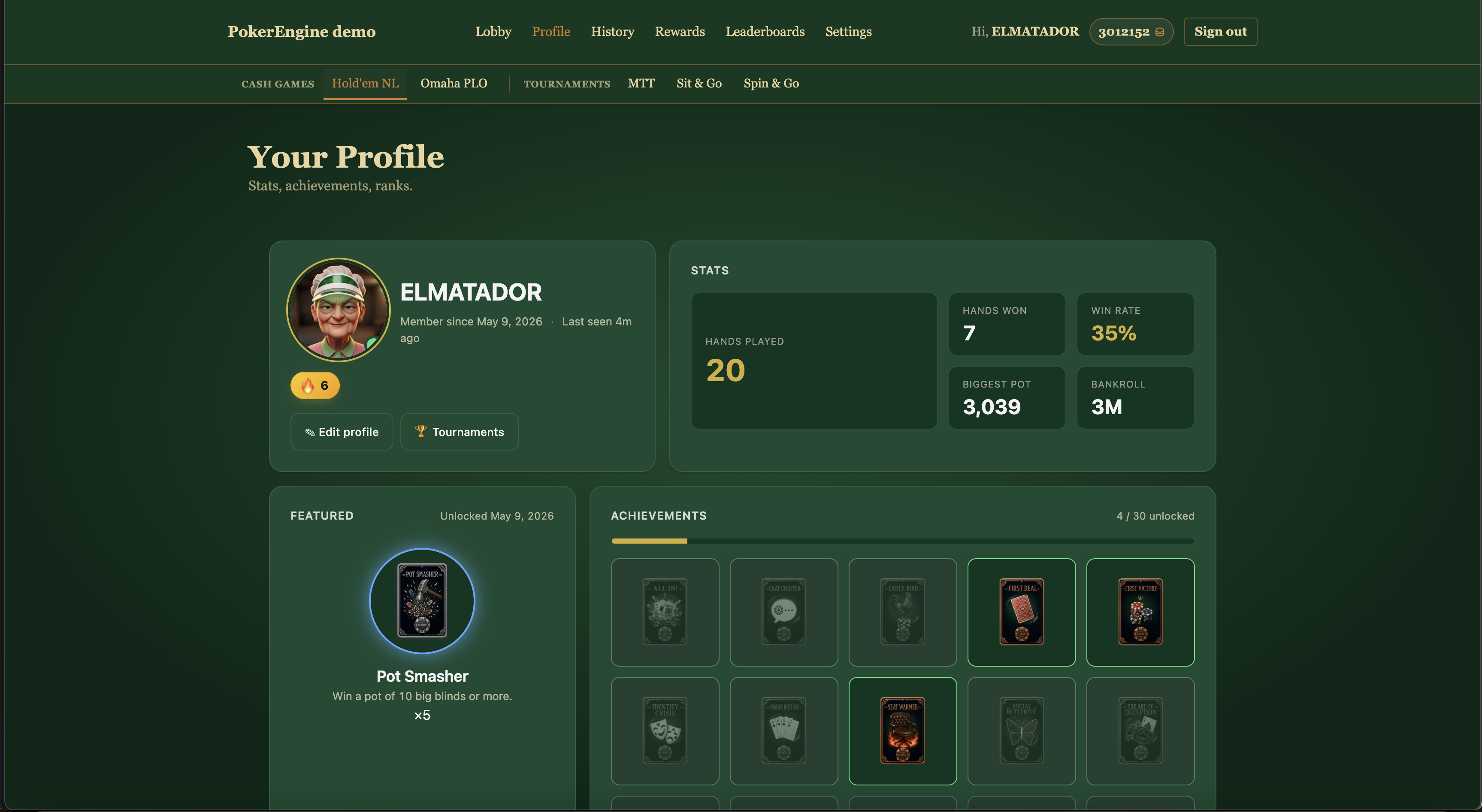 Player bento profile page