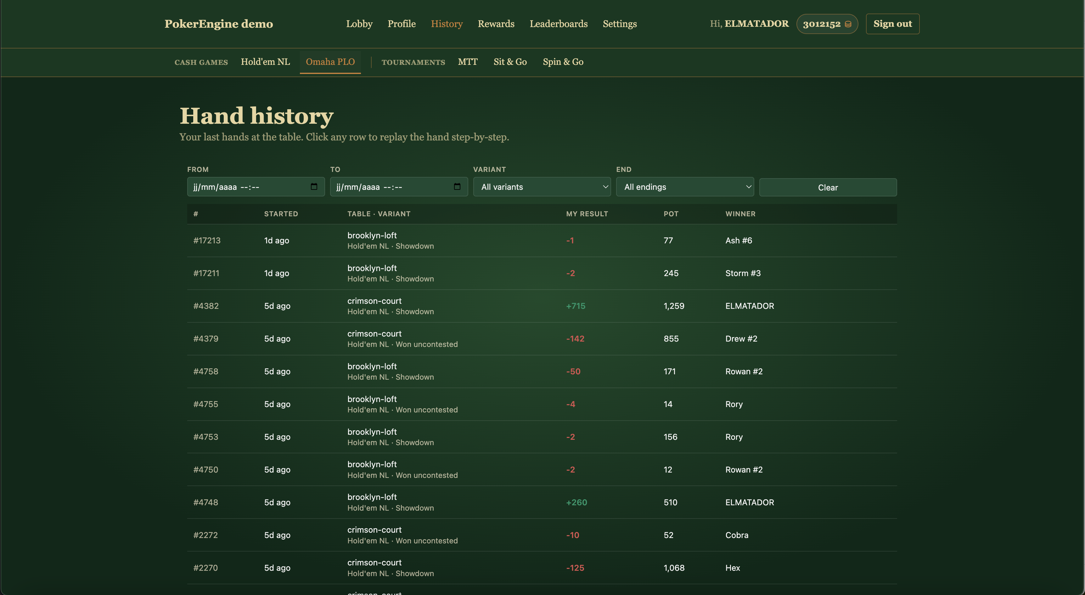 Player hand history list