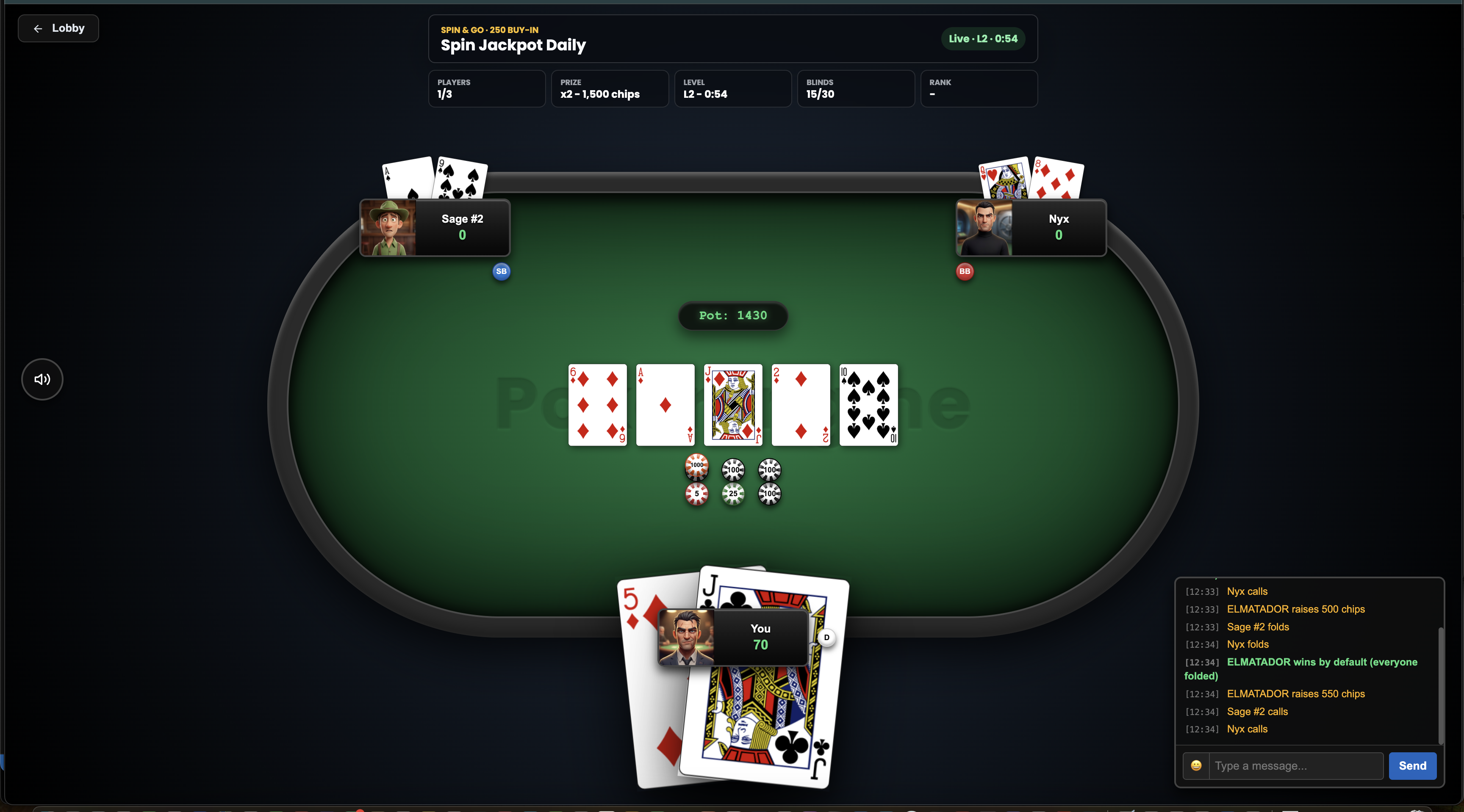 Winner celebration with pot collection